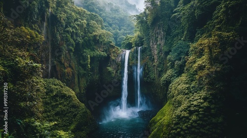 Waterfall Cascading Through Lush Green Forest