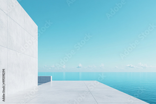 Abstract 3D rendering of minimalist style architectural space scene, mountain and lakeside building