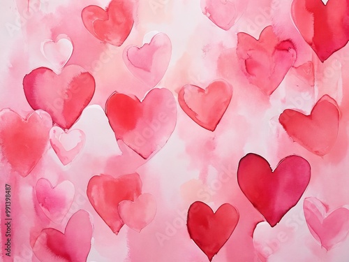 Colorful watercolor hearts on a soft pink background create a romantic and playful atmosphere suitable for Valentine's Day decoration