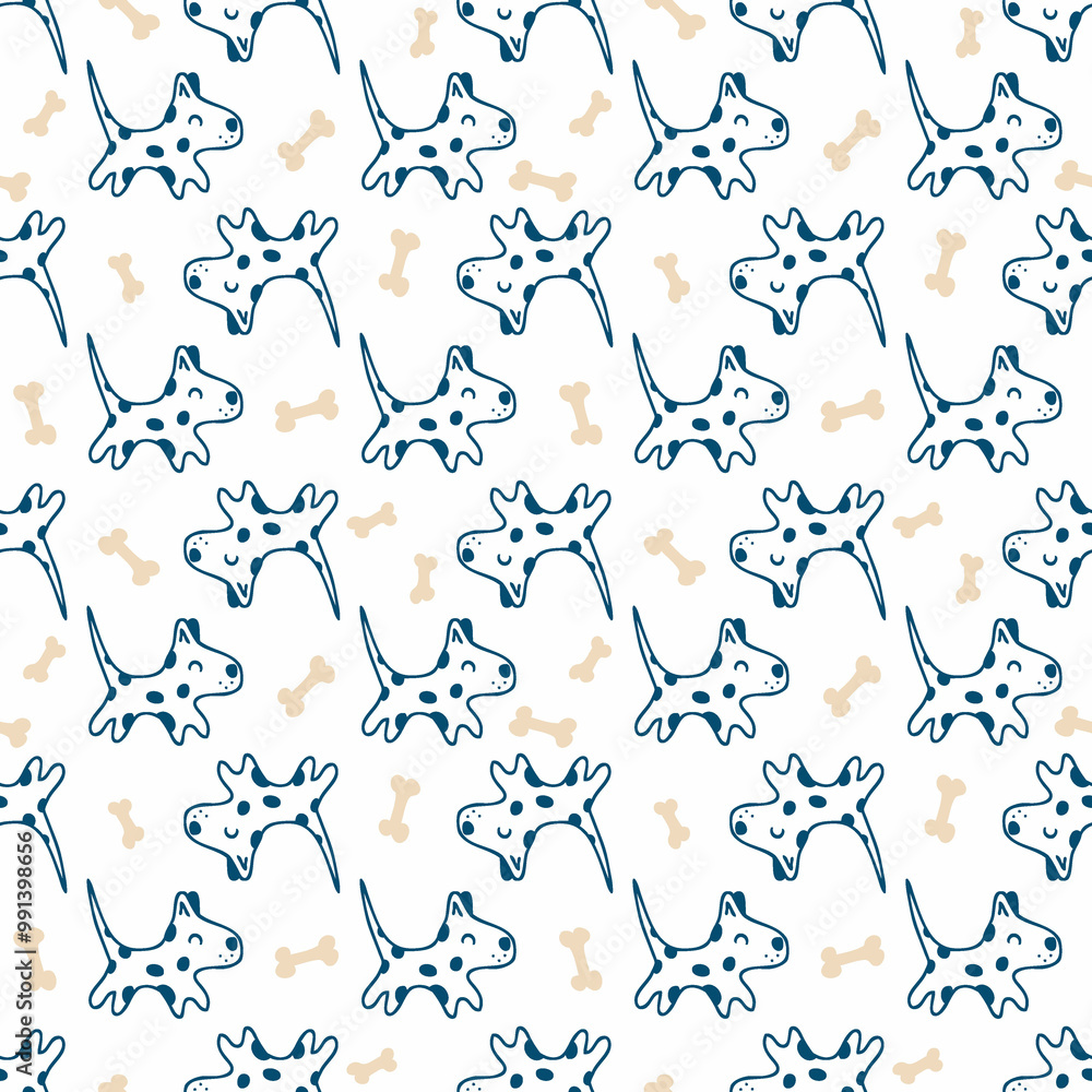 Doodle cute running spotted dogs with bones seamless pattern. Animal cartoon character print. Perfect for tee, paper, textile and fabric. Doodle cute running spotted dogs with bones seamless pattern. Animal cartoon character print. Perfect for tee, paper, textile and fabric.