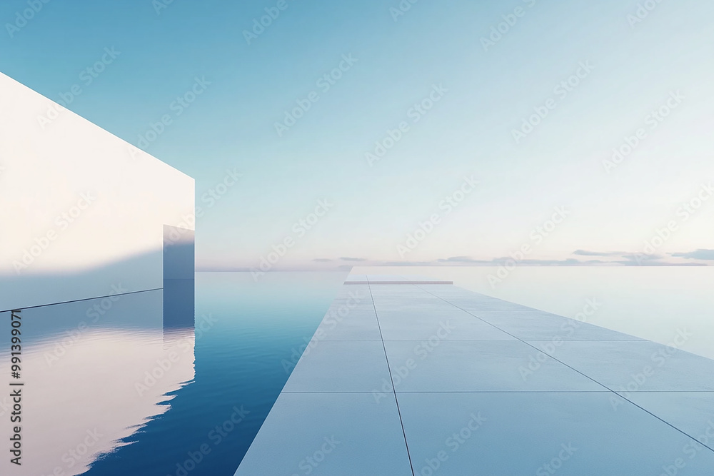 Abstract 3D rendering of minimalist style architectural space scene, mountain and lakeside building Abstract 3D rendering of minimalist style architectural space scene, mountain and lakeside building