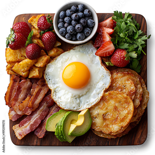 Colorful breakfast platter with eggs, bacon, and fresh fruit photo