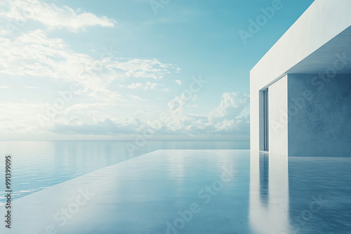 Abstract 3D rendering of minimalist style architectural space scene, mountain and lakeside building