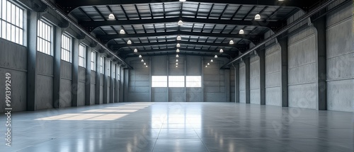 A spacious, empty warehouse with high ceilings, large windows, and smooth concrete floors, illuminated by natural light streaming through the windows.