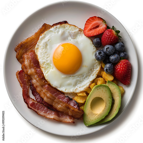 Delicious breakfast plate with eggs, bacon, and fresh fruit