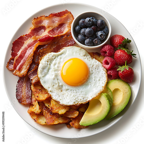 Delicious breakfast plate with eggs, bacon, and fresh fruits