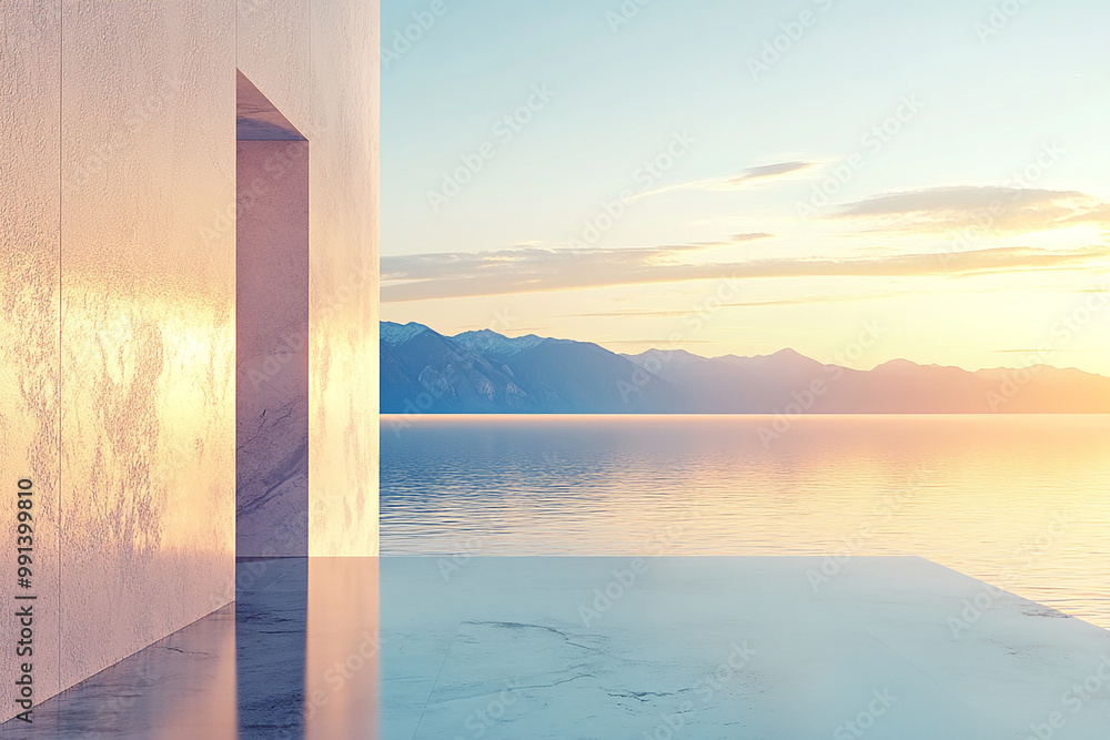 Fototapeta premium Abstract 3D rendering of minimalist style architectural space scene, mountain and lakeside building
