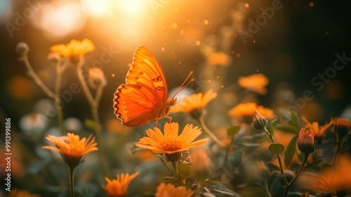 Orange butterflies flying in the garden. spreading wings butterfly on a leaf
