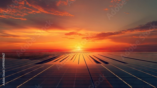 A solar farm at sunset, with soft lighting and a wide horizon for clear text space.