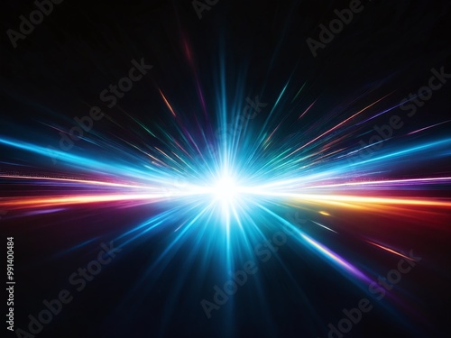 Colorful burst of light with radiant beams emerging from a central point in a dark space, creating a vibrant cosmic effect