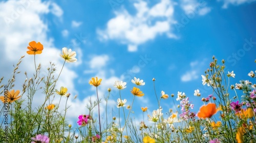 Blooming flowers in a field, with colorful petals and green stems swaying in the breeze under a bright blue sky