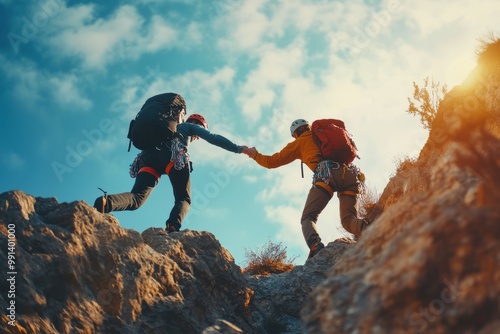 A team of climbers working together to ascend a steep, rocky cliff