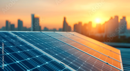 A close-up of solar panels glistening in the sunlight against a city skyline during dawn, highlighting renewable energy and modern architecture.