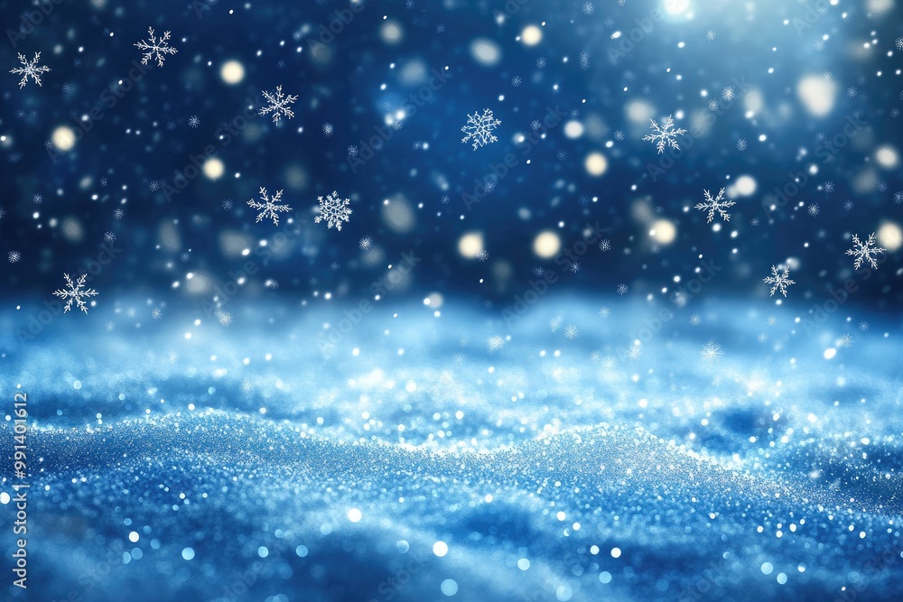 Obraz premium Blue Christmas background with snowflakes falling against a deep blue sky, creating a cool, wintry holiday scene