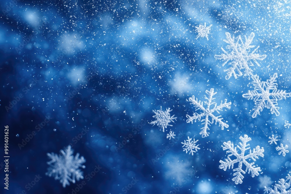 Blue Christmas background with snowflakes falling against a deep blue sky, creating a cool, wintry holiday scene Blue Christmas background with snowflakes falling against a deep blue sky, creating a cool, wintry holiday scene