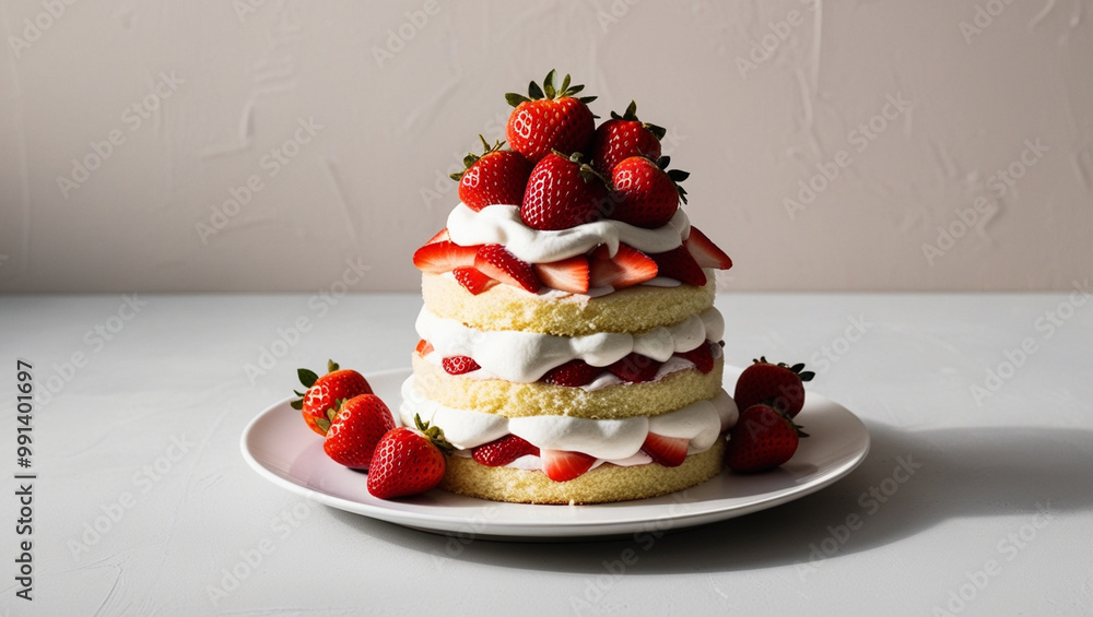 A realistic photograph of a strawberry shortcake with whipped cream. The cake is smoothly decorated with tasty fresh strawberries and placed on a white plate. A realistic photograph of a strawberry shortcake with whipped cream. The cake is smoothly decorated with tasty fresh strawberries and placed on a white plate.