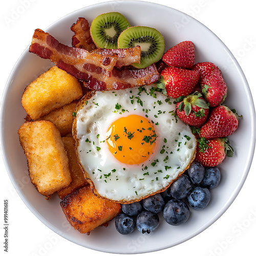 Colorful breakfast platter with eggs, fruits, and bacon