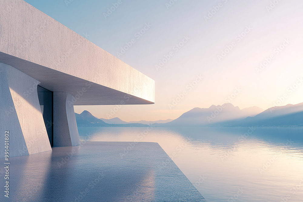 Abstract 3D rendering of minimalist style architectural space scene, mountain and lakeside building Abstract 3D rendering of minimalist style architectural space scene, mountain and lakeside building