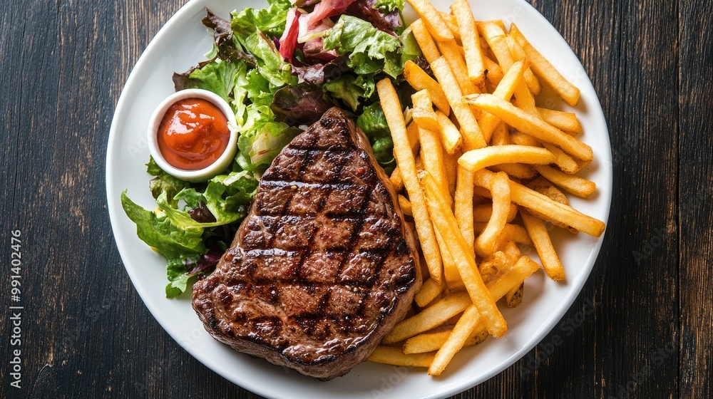 A steak served with fries and salad, viewed from above, with room around the plate for text placement. A steak served with fries and salad, viewed from above, with room around the plate for text placement.