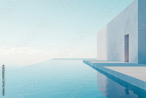 Abstract 3D rendering of minimalist style architectural space scene, mountain and lakeside building