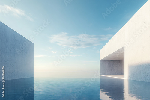 Abstract 3D rendering of minimalist style architectural space scene, mountain and lakeside building