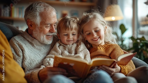 Wallpaper Mural Loving Grandparents Reading to Kids in Brightly Lit Living Room Torontodigital.ca