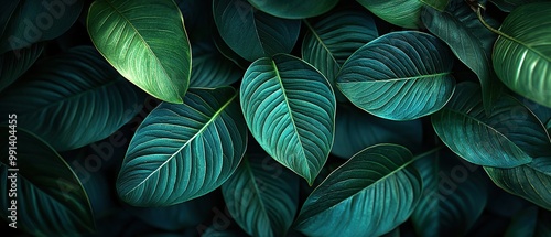 Wallpaper Mural Close-up shot of lush green tropical leaves with intricate veins. Torontodigital.ca