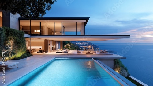 Dream home by the ocean, large glass walls, infinity pool blending into the sea, modern minimalist design, open floor plan