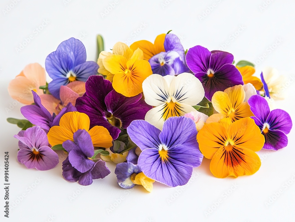Edible flowers in a beautiful arrangement, featuring delicate blooms like pansies and violets, perfect for gourmet dishes and desserts Edible flowers in a beautiful arrangement, featuring delicate blooms like pansies and violets, perfect for gourmet dishes and desserts