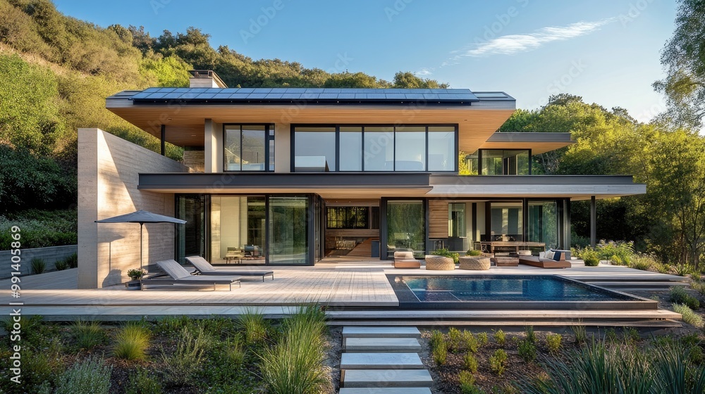 Energy-efficient future home with passive solar design, integrated smart systems, and cutting-edge eco-friendly materials Energy-efficient future home with passive solar design, integrated smart systems, and cutting-edge eco-friendly materials