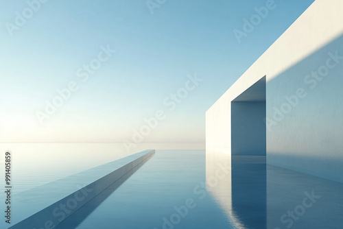 Abstract 3D rendering of minimalist style architectural space scene, mountain and lakeside building