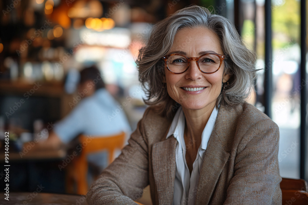 A woman in glasses and a jacket smiles at the camera in a restaurant. A woman in glasses and a jacket smiles at the camera in a restaurant.