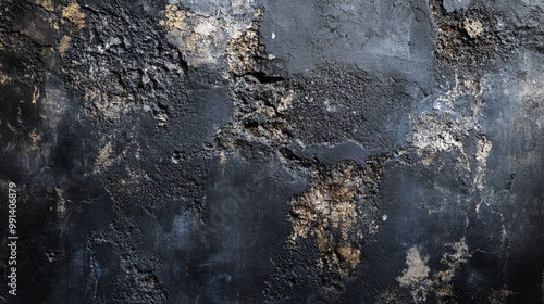 a textured black concrete wall with areas of weathered, rough, and uneven surfaces