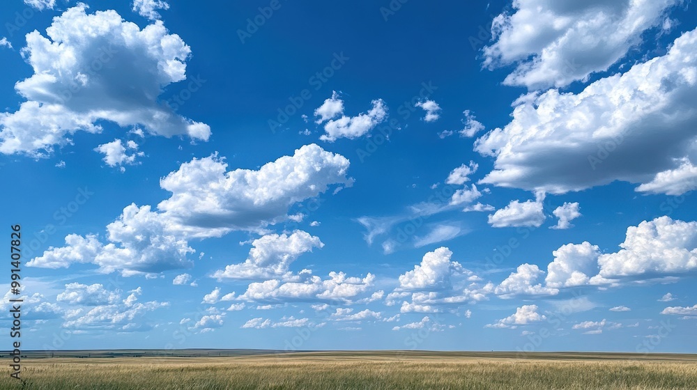 Blue Sky with Fluffy White Clouds Over a Field of Grass Blue Sky with Fluffy White Clouds Over a Field of Grass