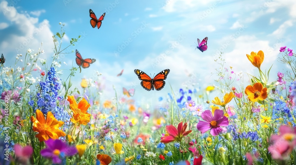 Flowers and butterflies fluttering around a colorful field of blooms, creating a peaceful, nature-filled scene