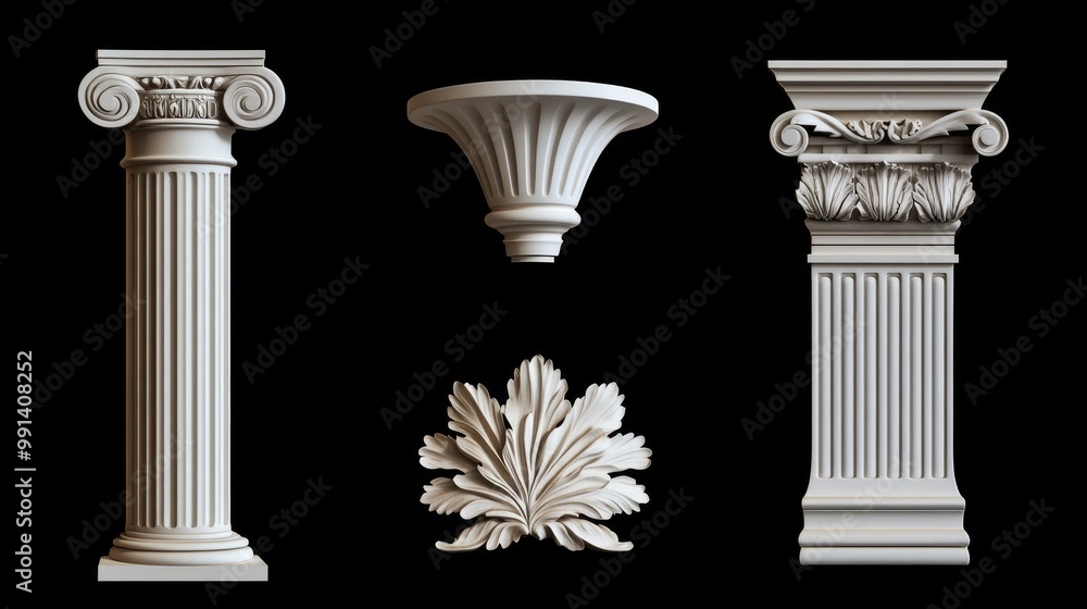 Architectural elements in white marble or gypsum, evoking ancient Greek and Roman art. Sculptures, ornaments, and architectural details drawn by hand, isolated on a black background. Architectural elements in white marble or gypsum, evoking ancient Greek and Roman art. Sculptures, ornaments, and architectural details drawn by hand, isolated on a black background.