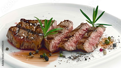 Delicious rib-eye steak with charred edges served on a white plate, garnished with herbs