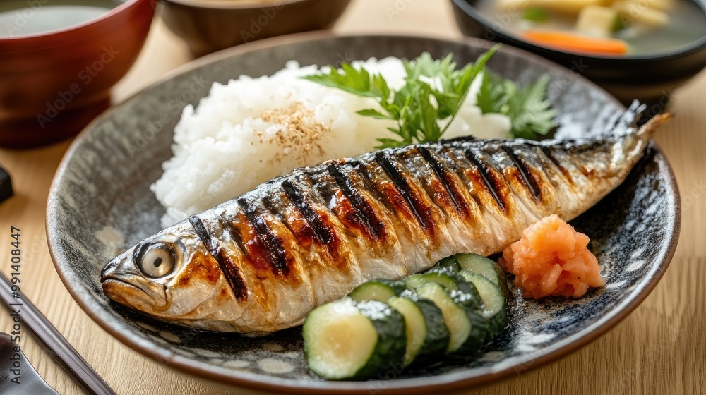 A traditional Japanese grilled mackerel dish (saba shioyaki) served on a ceramic plate with rice, pickles, and a side of miso soup. A traditional Japanese grilled mackerel dish (saba shioyaki) served on a ceramic plate with rice, pickles, and a side of miso soup.