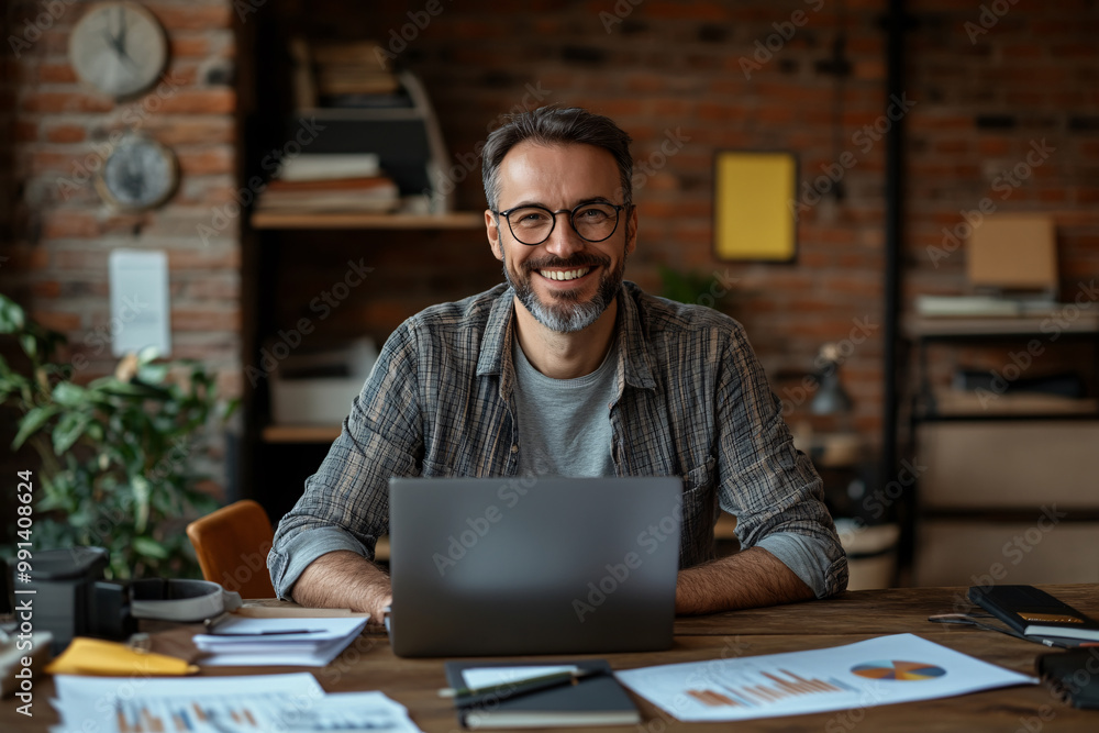 A man is sitting at a desk with a laptop and a stack of papers A man is sitting at a desk with a laptop and a stack of papers