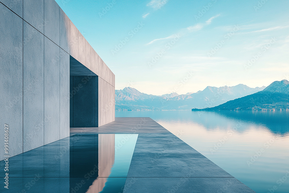 Obraz premium Abstract 3D rendering of minimalist style architectural space scene, mountain and lakeside building