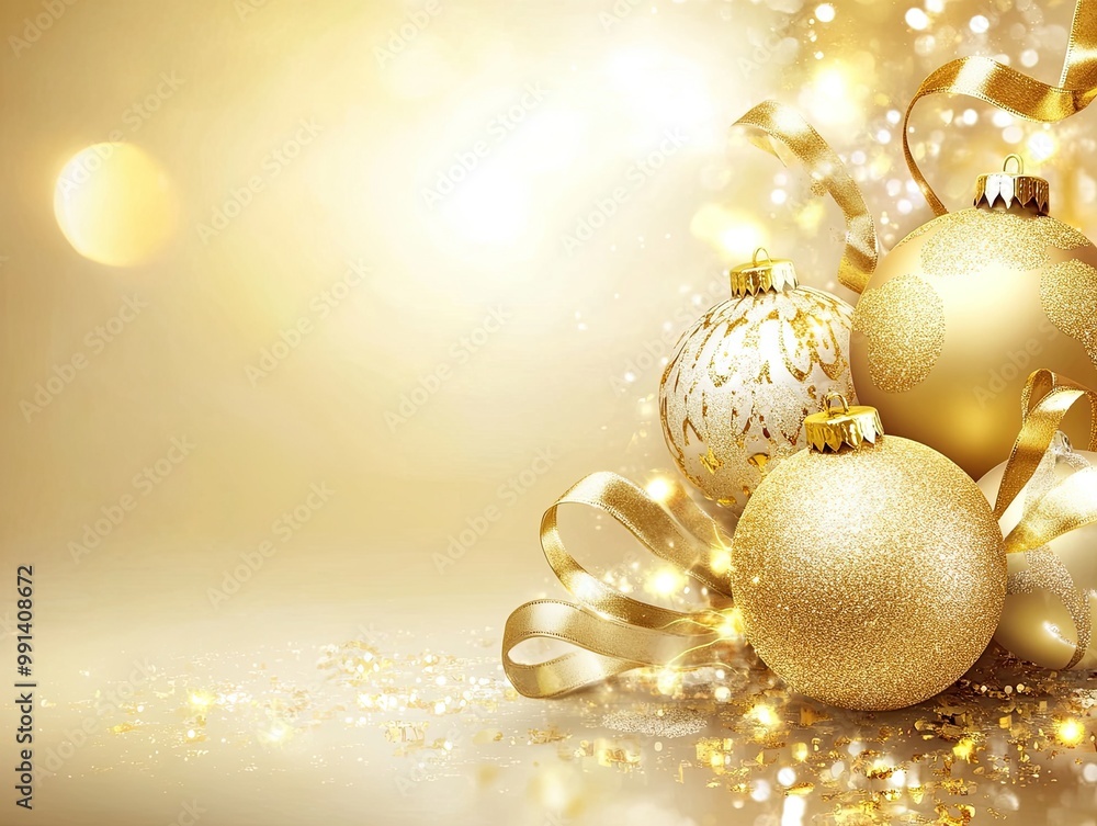 Golden Christmas background featuring shimmering gold ornaments, lights, and ribbon, perfect for an elegant holiday setting Golden Christmas background featuring shimmering gold ornaments, lights, and ribbon, perfect for an elegant holiday setting