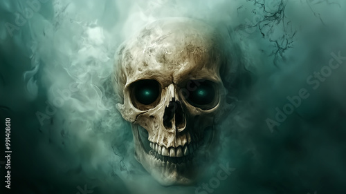 Eerie Skull with Glowing Eyes Emerging from Mystical Green Smoke in Dark Atmosphere