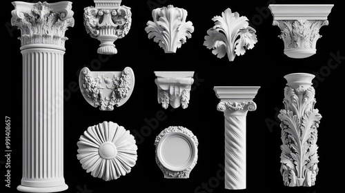 Architectural elements in white marble or gypsum, evoking ancient Greek and Roman art. Sculptures, ornaments, and architectural details drawn by hand, isolated on a black background.