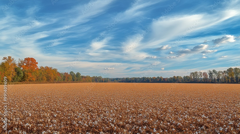 Autumn colors paint the cotton field as the harvest begins, a symphony of gold and russet hues against the azure sky. Autumn colors paint the cotton field as the harvest begins, a symphony of gold and russet hues against the azure sky.