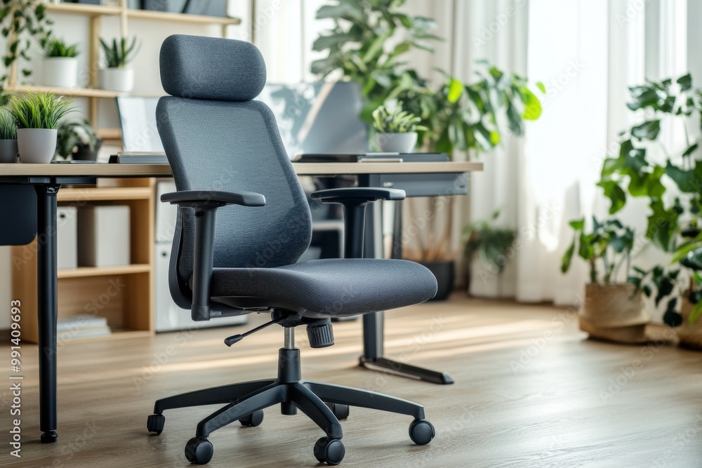 Ergonomic Office Chair in a Modern Desk Setup with Plants Ergonomic Office Chair in a Modern Desk Setup with Plants