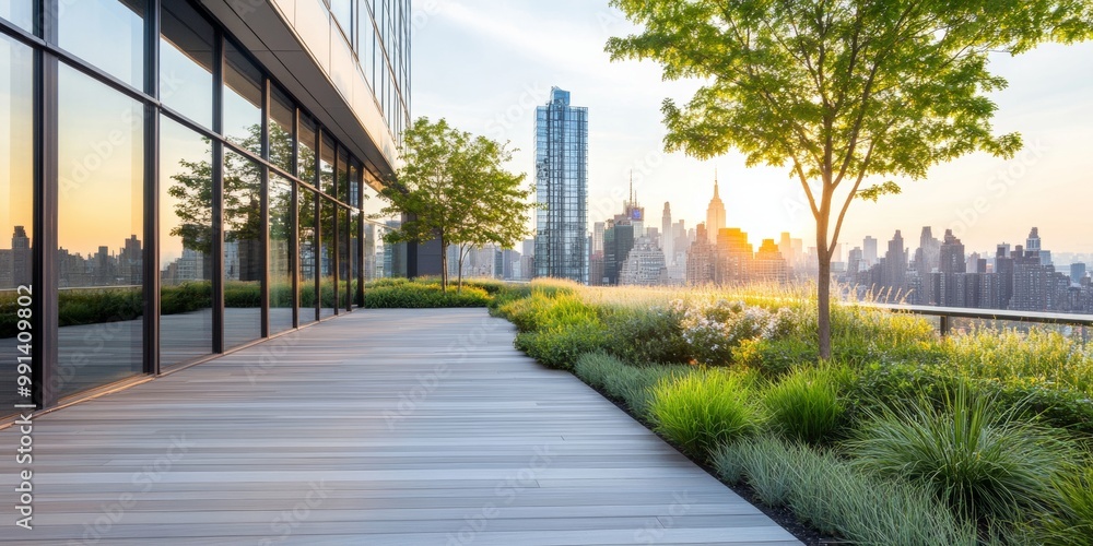 Naklejka premium A serene view from a rooftop garden featuring vibrant greenery and the citu skyline at sunset