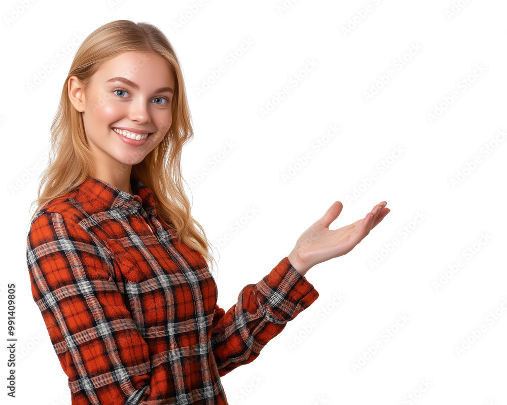 Happy Smiling Woman Presenting Something With Hand isolated on Transparent Background Happy Smiling Woman Presenting Something With Hand isolated on Transparent Background