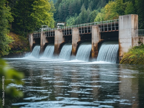 Small hydroelectric dam in a peaceful river setting, AI generated