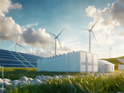 Energy storage system with wind turbines and solar panels, AI generated