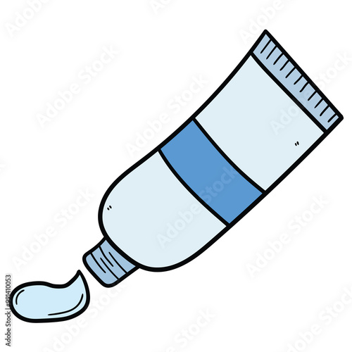 Hand drawn cartoon blue toothpaste tube on white background.